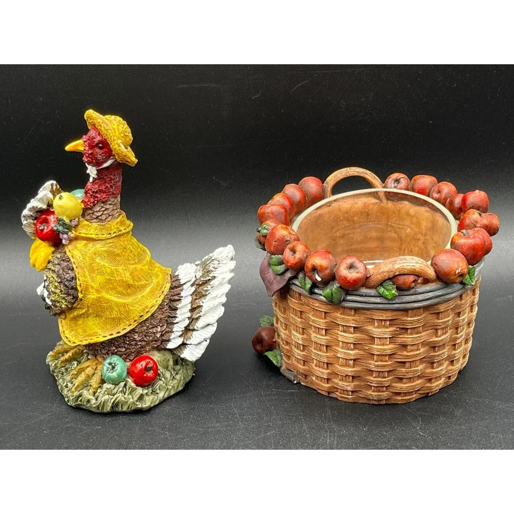 Homespun Country Thanksgiving Turkey Figurine Apple Basket Votive Holder Set